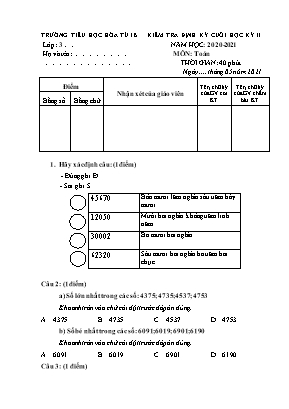 Bài kiểm tra Cuối học kì II môn Toán Lớp 3 - Năm học 2020-2021 - Trường Tiểu học Hòa Tú B